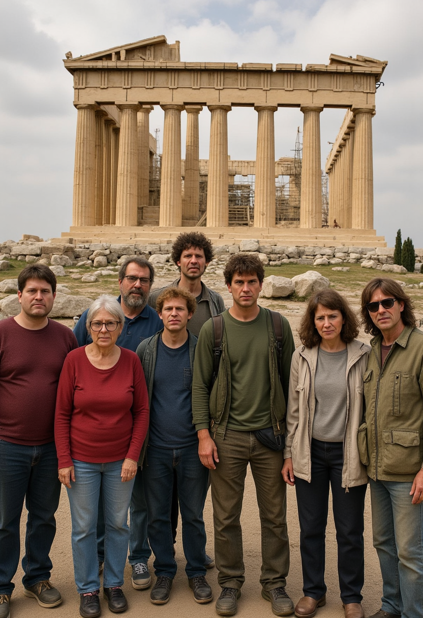 a group of people standing in front of the Parthenon temple in Athens, Greece. The temple is surrounded by rocks and the sky is filled with clouds.