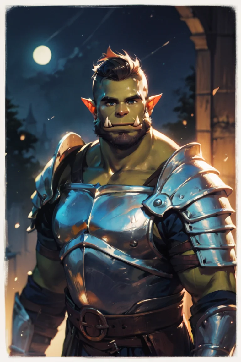 score_9, score_8_up, score_7_up, score_6_up, score_5_up, score_4_up, solo, male focus, mature male, orc, green skin, tusks, beard, outdoors, armor, looking at viewer, shoulder armor, breastplate, upper body, closed mouth, pauldrons, night, night sky, standing <lora:Anime Summer Days Style SDXL_LoRA_Pony Diffusion V6 XL:1>