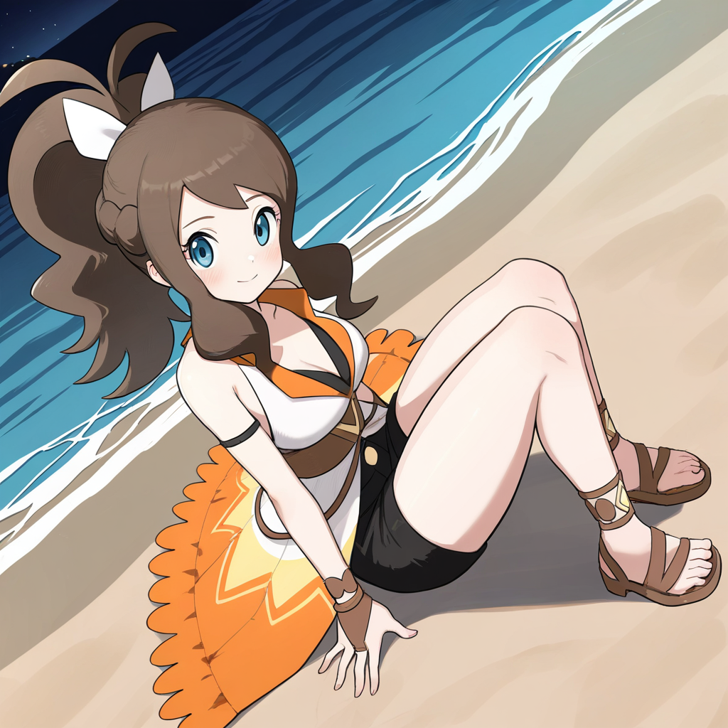 2d, masterpiece, best quality, amazing quality, highres, absurdres, newest, 1girl, solo, sitting, beach, night, from above, dutch angle, looking at viewer, medium breasts,  syghilda, blue eyes, brown hair, sidelocks, high ponytail, antenna hair, sleeveless dress, showgirl skirt, multicolored dress, white dress, orange dress, v-neck, bridal gauntlets, bracelet, black shorts, short shorts, sandals, brown footwear, block heels