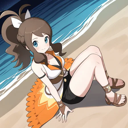 2d, masterpiece, best quality, amazing quality, highres, absurdres, newest, 1girl, solo, sitting, beach, night, from above, dutch angle, looking at viewer, medium breasts, syghilda, blue eyes, brown hair, sidelocks, high ponytail, antenna hair, sleeveless dress, showgirl skirt, multicolored dress, white dress, orange dress, v-neck, bridal gauntlets, bracelet, black shorts, short shorts, sandals, brown footwear, block heels