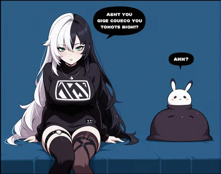<lora:_zzz_comix_NAIXL-000020:1.1> zzzgamecomix style, best quality, masterpiece, uncensored, source_anime, 1girl, split-color hair, solo, long hair, black hair, multicolored hair, very long hair, thighhighs, green eyes, sweater, makeup, two-tone hair, blue background, white hair, alternate hairstyle, breasts, looking at viewer, alternate hair length, single thighhigh, black sweater, turtleneck, green lips, parted lips, hair between eyes, lipstick, eyeshadow, sitting, thigh strap, bangs, blush, long sleeves, hair down, turtleneck sweater, asymmetrical legwear, dyed bangs, english text, blue eyes, feet out of frame, medium breasts, large breasts, simple background