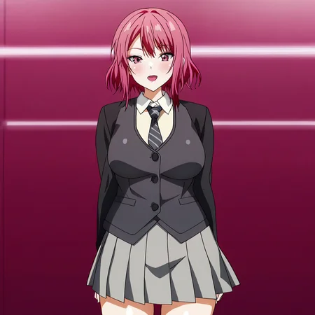 <lora:MihoNoticeThisLoveAnimation_pony_v1:.8>  Miho, 1girl,  solo,large breasts, pink hair pink eyes, short hair, bangs, cowboy shot,  <lora:1014 Home wear 32_v1_pony:1> uanyi1014,black jacket,grey skirt,grey vest,pleated skirt,striped necktie,clasp,