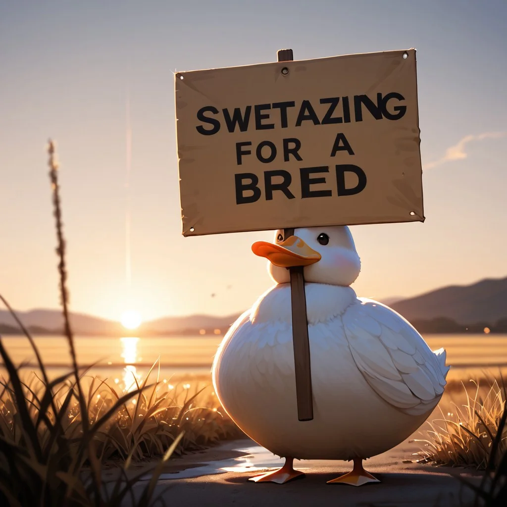 masterpice, best quality, masterpiece,best quality,amazing quality,
sweet duck, holding a cardboard sign that reads 'Buzz or Bread' in bold, high quality, absurdres, realistic, cinematic, epic,