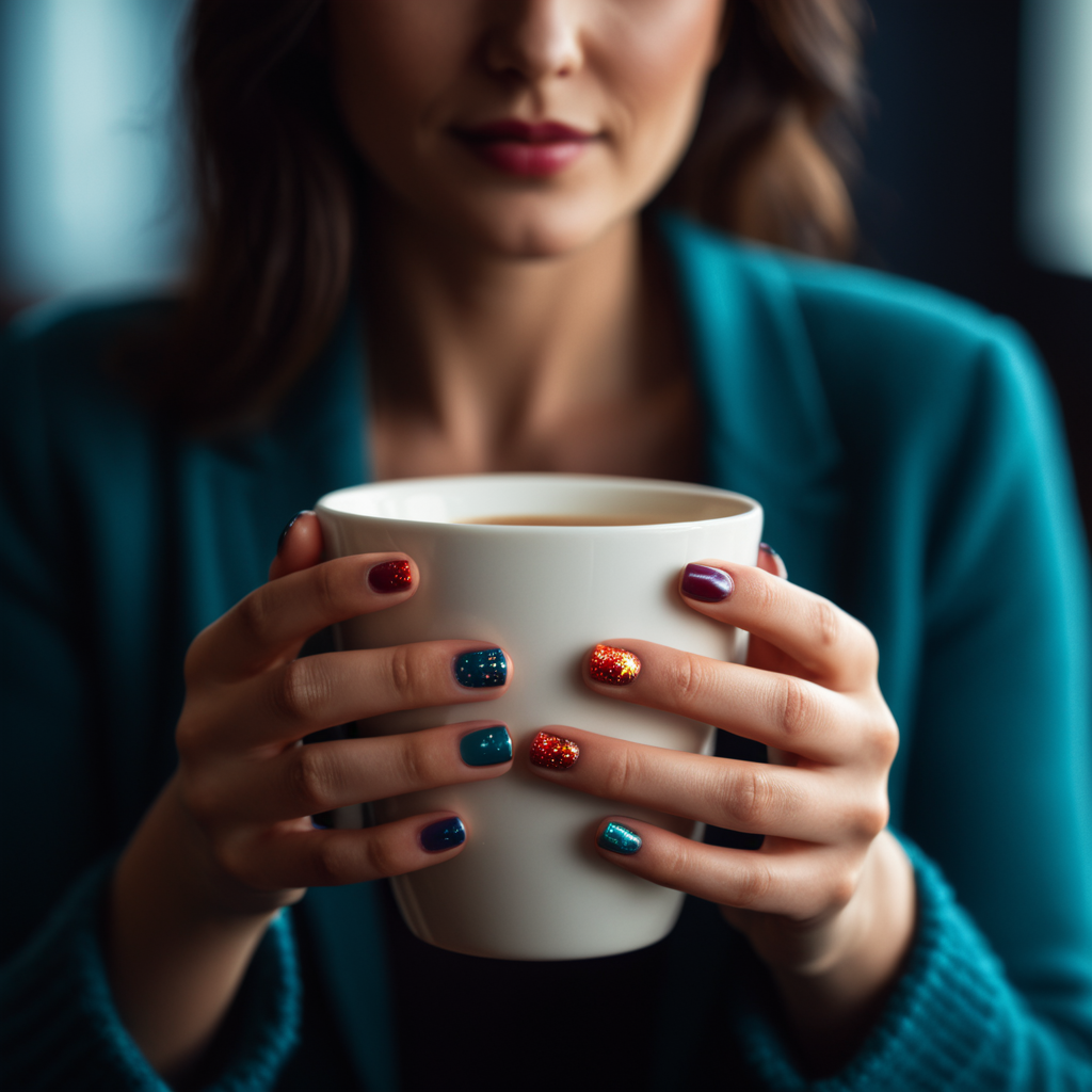 cinematic film still of  <lora:hand 5.5:0.9>
a woman holding a cup with colorful nails, shallow depth of field, vignette, highly detailed, high budget, bokeh, cinemascope, moody, epic, gorgeous, film grain, grainy