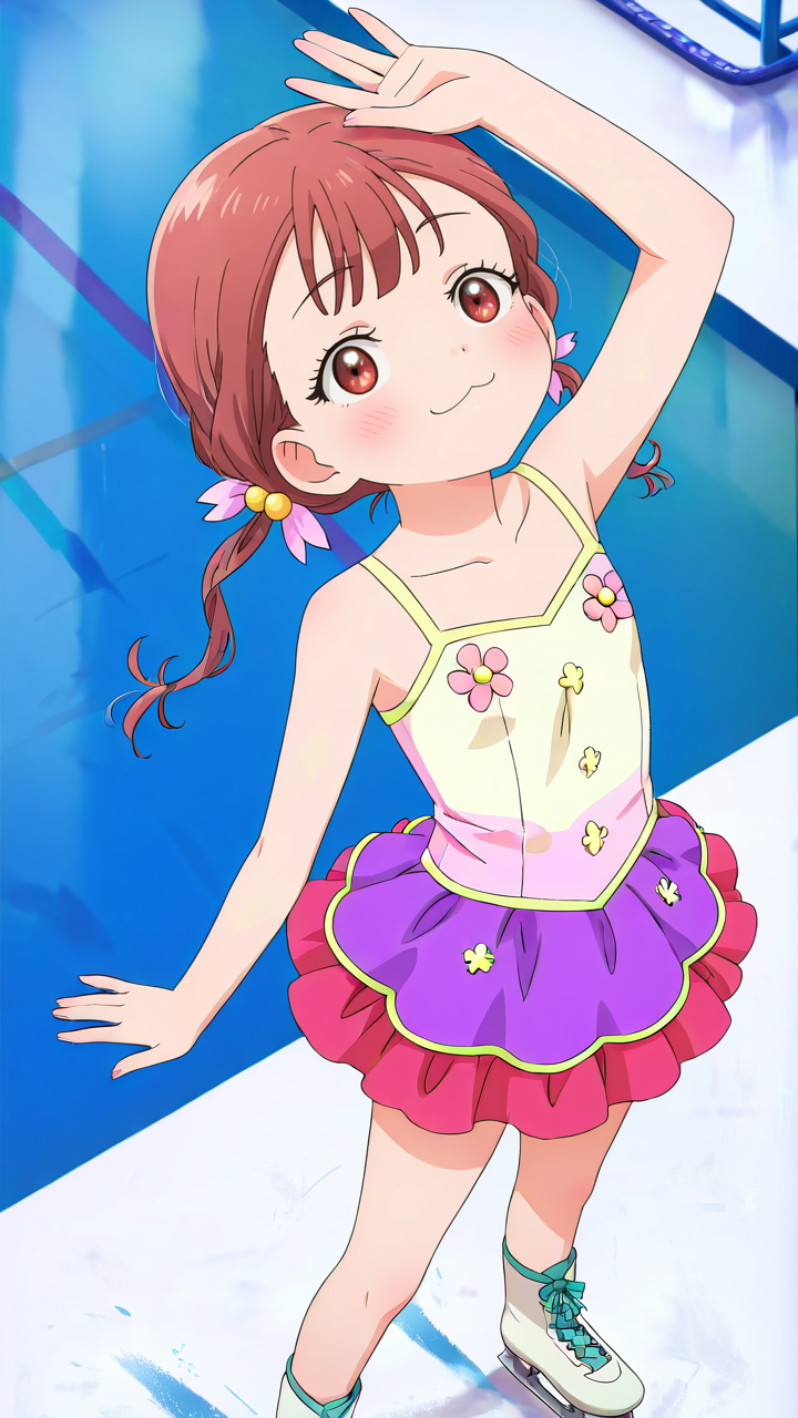 1girl,full_shot,looking_at_viewer,solo,anime screenshot,Kamoto_Suzu,smile,skater skirt,:3,ice skates,skates,arm up,standing,layered skirt,rink,little_girl,face_focus,skirt,looking_up,from_above,<lora:Kamoto_Suzu_Illustrious_v3:1>,bare shoulders,, masterpiece, best quality