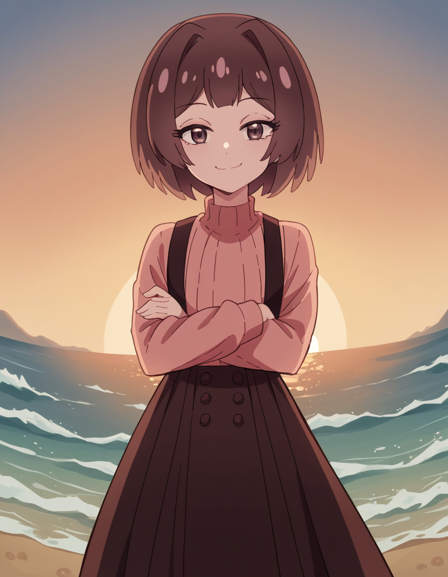 score_9, score_8_up, score_7_up, source_anime, <lora:sakura-sonoue-s1-ponyxl-lora-nochekaiser:1>, sakura sonoue, short hair, bangs, brown hair, brown eyes, hair intakes, bob cut,, skirt, long sleeves, sweater, suspenders, high-waist skirt, brown skirt, suspender skirt, pink sweater, beach, sunset, walking along shore, footprints in sand, waves, peaceful, smile, looking at viewer, crossed arms, smile, smug, solo,, cowboy shot, dutch angle