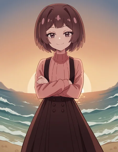 score_9, score_8_up, score_7_up, source_anime, <lora:sakura-sonoue-s1-ponyxl-lora-nochekaiser:1>, sakura sonoue, short hair, bangs, brown hair, brown eyes, hair intakes, bob cut,, skirt, long sleeves, sweater, suspenders, high-waist skirt, brown skirt, suspender skirt, pink sweater, beach, sunset, walking along shore, footprints in sand, waves, peaceful, smile, looking at viewer, crossed arms, smile, smug, solo,, cowboy shot, dutch angle