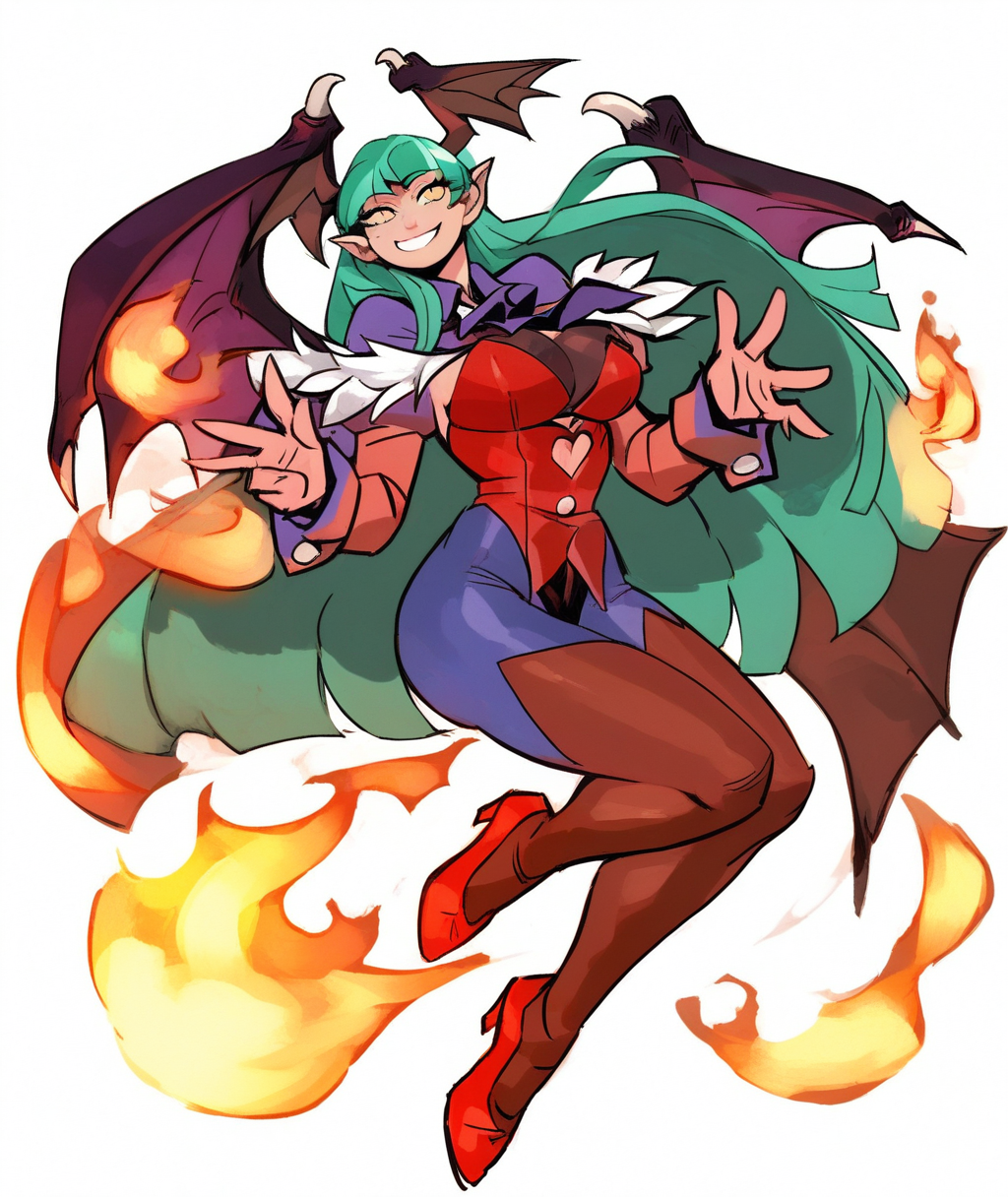 score_8_up. score_7_up,<lora:33dotdot:1>, uncensored, score_9, 33dotdot, 1girl, long hair, head wings, green hair, morrigan aensland, large breasts, pantyhose, demon girl, smile, yellow eyes, looking at viewer, pointy ears, fire, red footwear, white background, cleavage, full body, jacket, ascot, alternate costume, long sleeves, bat wings