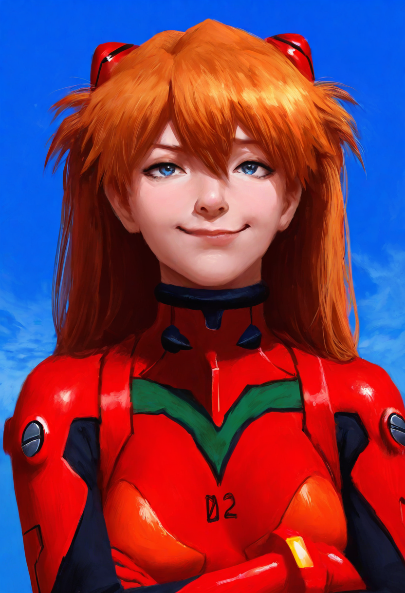 manzaneedostyle, masterpiece, dark_fantasy, hyper_realistic, painting,  best quality, detailed face, detailed eyes,   asuka langley, ginger hair,   smug expression, face shot, blue sky, arms crossed,