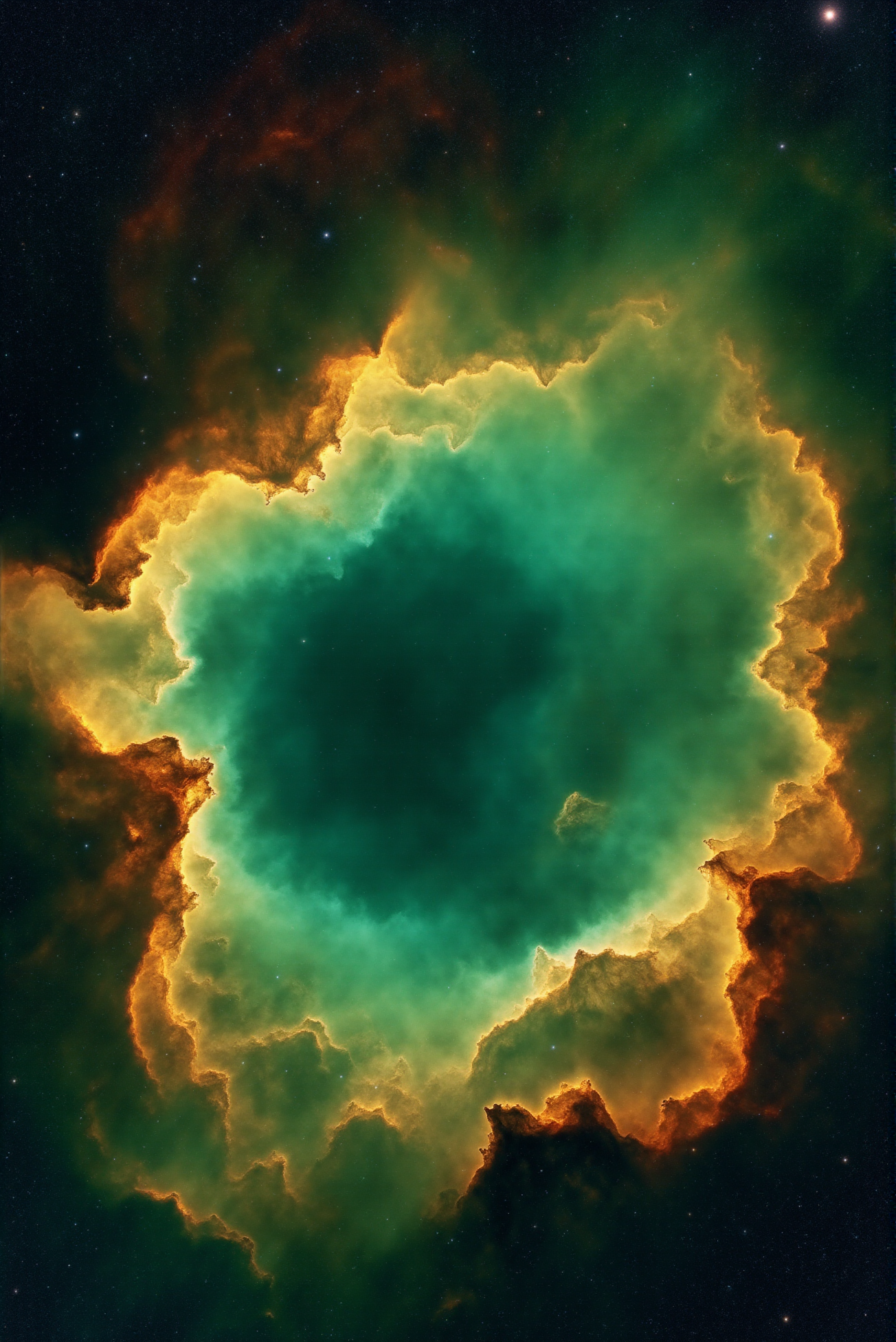 <lora:Vibrant_Nebula_2:0.8> VibrantNebula style.
A cavernous nebular hollow opens in the heart of space, surrounded by vast curtains of molten emerald and sunlit bronze gas that billow and fold like a thunderstorm in zero gravity. Along the shadowed inner rim, pale threads of ionized helium arc in spectral rings, their delicate glow hinting at internal gravitational turbulence. Interwoven textures of dust, light, and ion flow reveal painterly details sculpted by solar wind pressure and shockwave compression. Captured from a recessed, internal vantage point looking outward through the cavityâs warped rim, the scene invites immersionâdrawing the viewer into a suspended cathedral of color, gas, and silence.