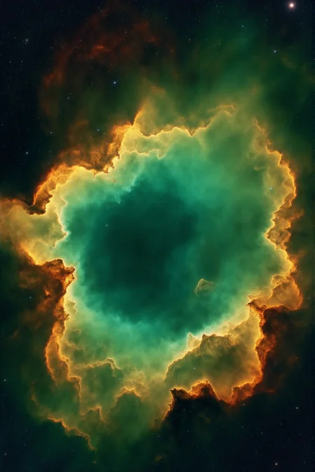 <lora:Vibrant_Nebula_2:0.8> VibrantNebula style.
A cavernous nebular hollow opens in the heart of space, surrounded by vast curtains of molten emerald and sunlit bronze gas that billow and fold like a thunderstorm in zero gravity. Along the shadowed inner rim, pale threads of ionized helium arc in spectral rings, their delicate glow hinting at internal gravitational turbulence. Interwoven textures of dust, light, and ion flow reveal painterly details sculpted by solar wind pressure and shockwave compression. Captured from a recessed, internal vantage point looking outward through the cavityâs warped rim, the scene invites immersionâdrawing the viewer into a suspended cathedral of color, gas, and silence.