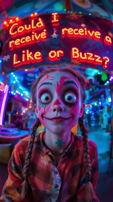 âA whimsical and surreal portrait of a girl with a distorted, comical face, featuring one eye larger than the other, vibrant face paint, and two playful braids. Captured using a 12mm fisheye cinematic prime lens for an exaggerated perspective. The setting is a lively carnival with colorful lights, whimsical decorations, and a dreamy atmosphere. A rotten, old light banner in the background displays the text: âCould I receive a Like or Buzz?â in flickering, uneven letters. The colors and contrasts are enhanced for a surreal effect, inspired by a mix of playful and artistic styles, blending humor and visual artistry.â
