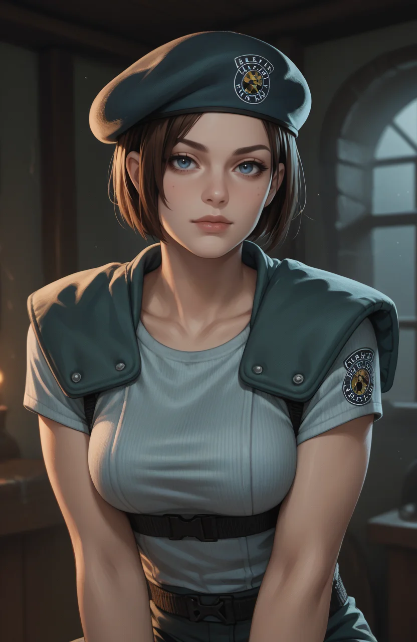 score_9, score_8_up, score_7_up, score_6_up, score_5_up, score_4_up, photoshop \(medium\), <lora:REJill_t1-000022-128:1.0> RE1Jill, blue eyes, brown bob cut, beret, breasts, fingerless gloves, sleeves
, seductive pose
, dark environment, mansion, indoors, moody lighting
