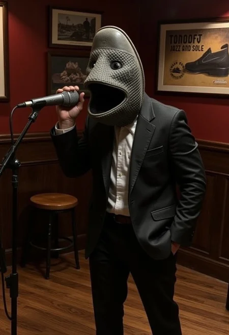 sh03f4c3, a jazz singer with shoe face, they stand on the stage in a jazzy pose, singing into the radio microphone with the wide open mouth, the background is a jazz club, there is a poster on the wall featuring a shoe and the words: "Tonight: Jazz and Sole"