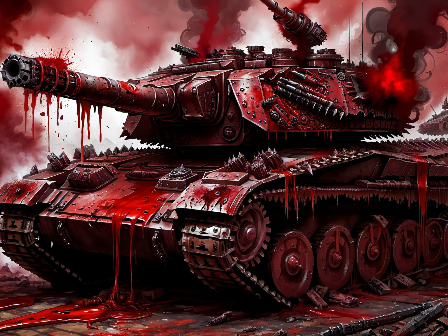 <lora:HorrorAI:.8> BloodSoakedAI  battle tank, Highly detailed, horror setting, intricate detailed background