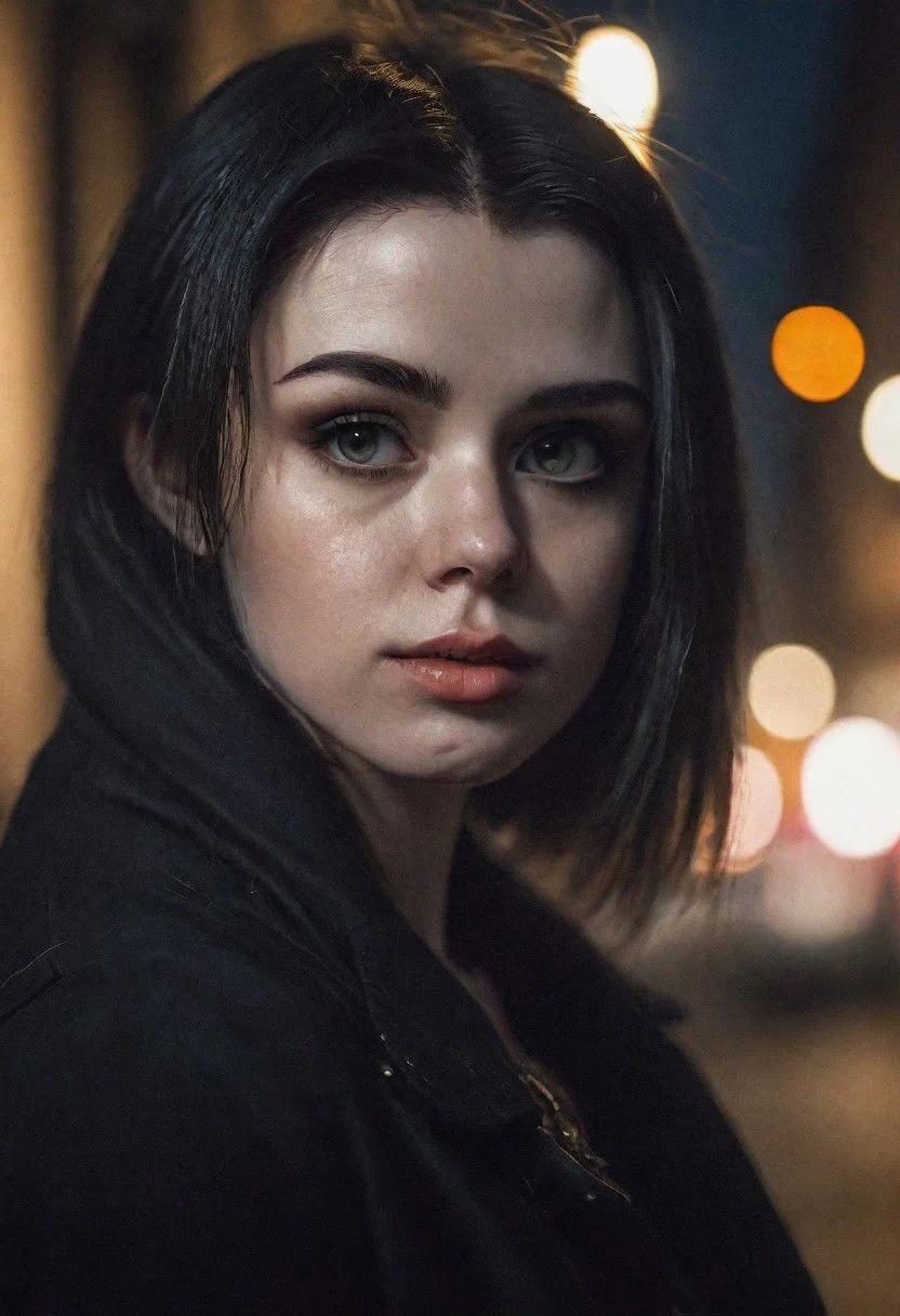 Portrait face Solo female ciborg in city, photograph ,pale beautiful Irish woman, black hair, beautifull eyes, night time, cinematic composition, cinematic filtering