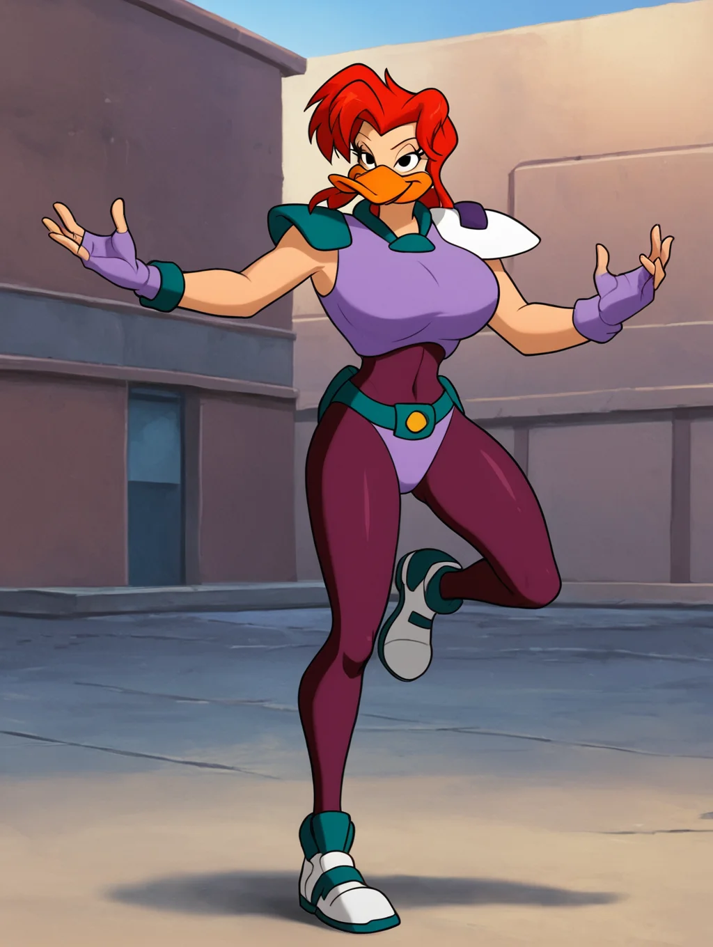 score_7, score_8, score_9, detailed background,outside street,fighting stance,standing on one leg,arms up,standing,,ultra high detailed,masterpiece,full body, BREAK Solo, 1girl,female,seductive eyes,long eyelashes,half closed eyes, furry,anthro, <lora:Mallory_McMallard_Might_Ducks:0.8> mallory_mcmallard, red hair, duck, solo, single, beak, malloryshair, long eyelashes, black eyes, narrow waist, dark red bodysuit, shoulder armor, sleeveless, tight bodysuit, purple top, combatoutfit, fingerless gloves, teal belt,huge breasts,