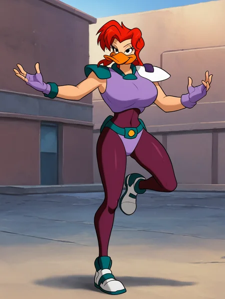 score_7, score_8, score_9, detailed background,outside street,fighting stance,standing on one leg,arms up,standing,,ultra high detailed,masterpiece,full body, BREAK Solo, 1girl,female,seductive eyes,long eyelashes,half closed eyes, furry,anthro, <lora:Mallory_McMallard_Might_Ducks:0.8> mallory_mcmallard, red hair, duck, solo, single, beak, malloryshair, long eyelashes, black eyes, narrow waist, dark red bodysuit, shoulder armor, sleeveless, tight bodysuit, purple top, combatoutfit, fingerless gloves, teal belt,huge breasts,