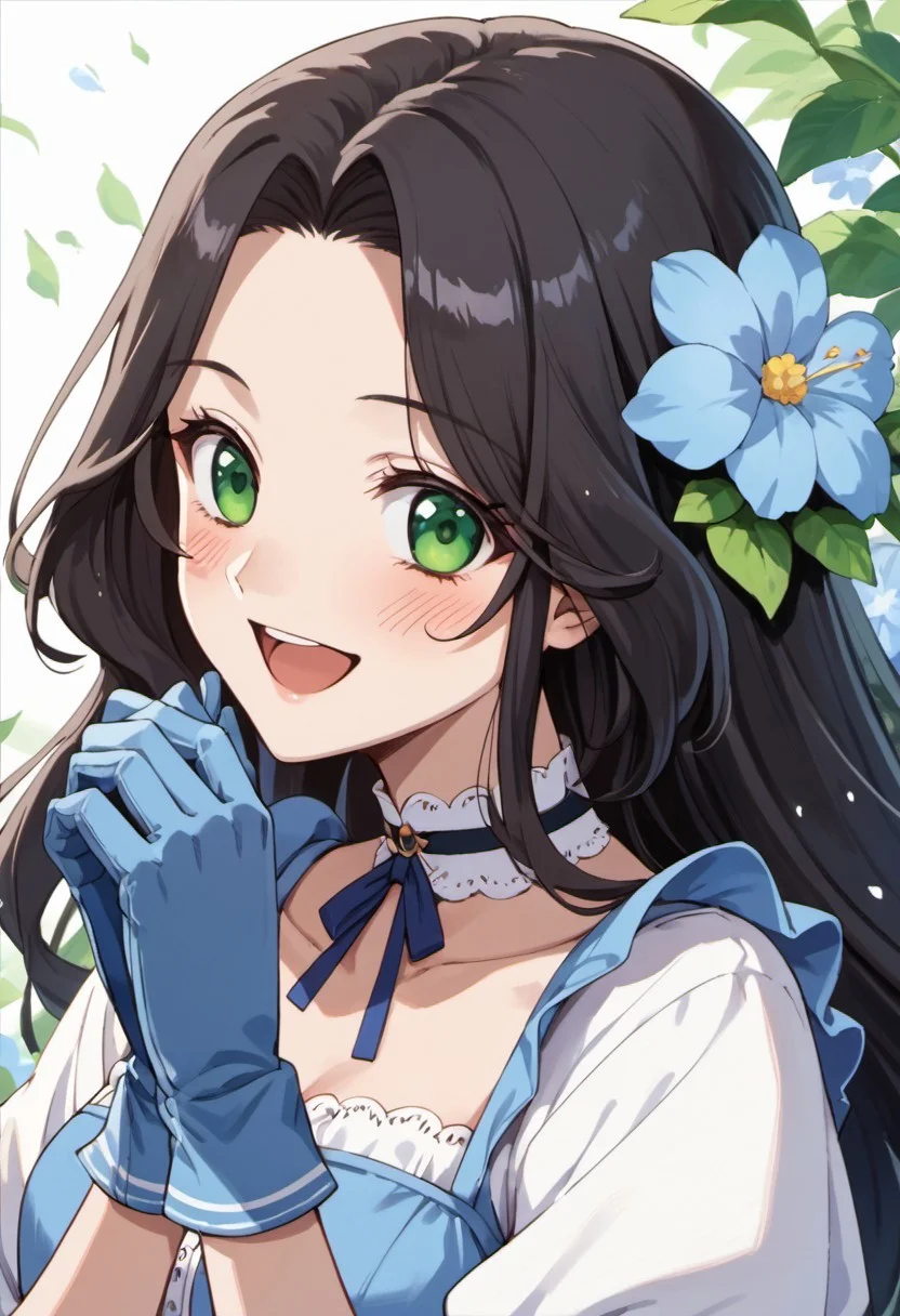 score_9, score_8_up, score_7_up, source_anime, liz cather, long hair, black hair, green eyes, 1girl, gloves, solo, smile, open mouth, looking at viewer, blush, flower, choker, blue gloves, upper body, :d