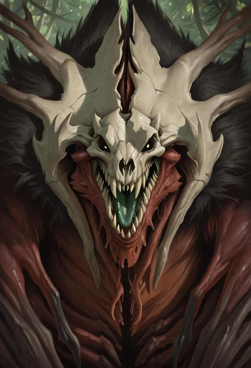 masterpiece, best quality, amazing quality, 1boy, solo, phyrexian, pinkish-red skin, spined antlers, skull-like face, monster, razor tusks, patchy fur, sharp teeth, fantasy creature, muscular, shoulder fur, multiple arms, face close-up, looking at viewer, green tongue, portrait