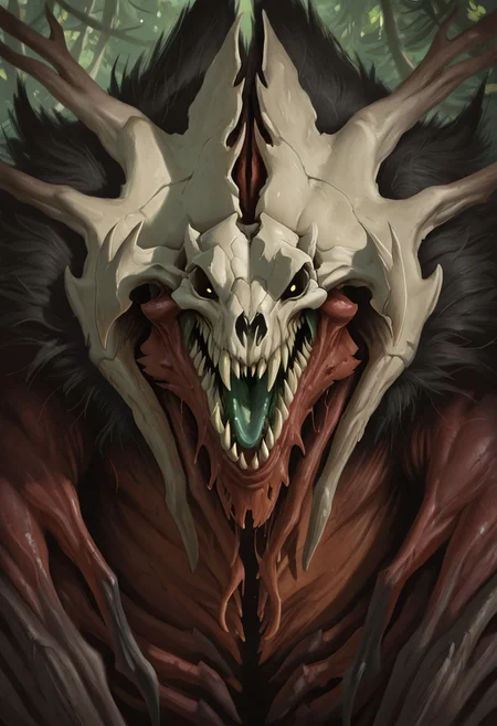 masterpiece, best quality, amazing quality, 1boy, solo, phyrexian, pinkish-red skin, spined antlers, skull-like face, monster, razor tusks, patchy fur, sharp teeth, fantasy creature, muscular, shoulder fur, multiple arms, face close-up, looking at viewer, green tongue, portrait