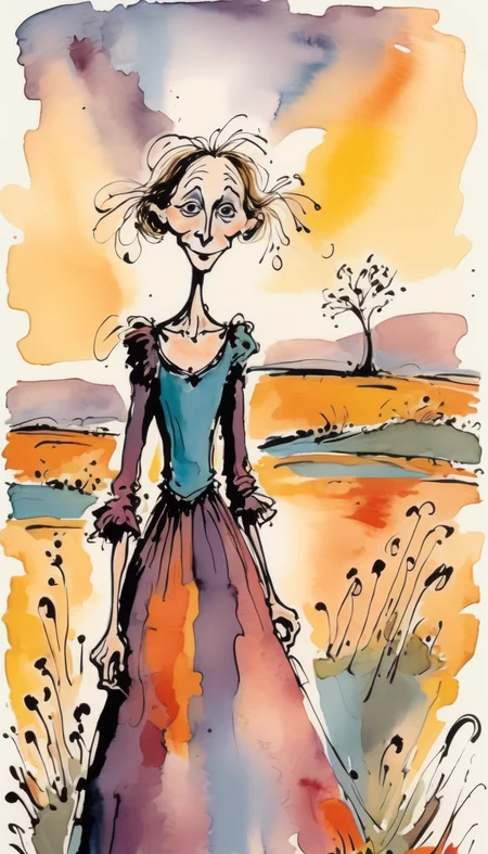 positiv Clip L: Quentin Blake Style an award-winning, of a bautiful woman, positiv Clip G: Quentin Blake Style an award-winning, of a skinny Gothic woman, sunset in the background,