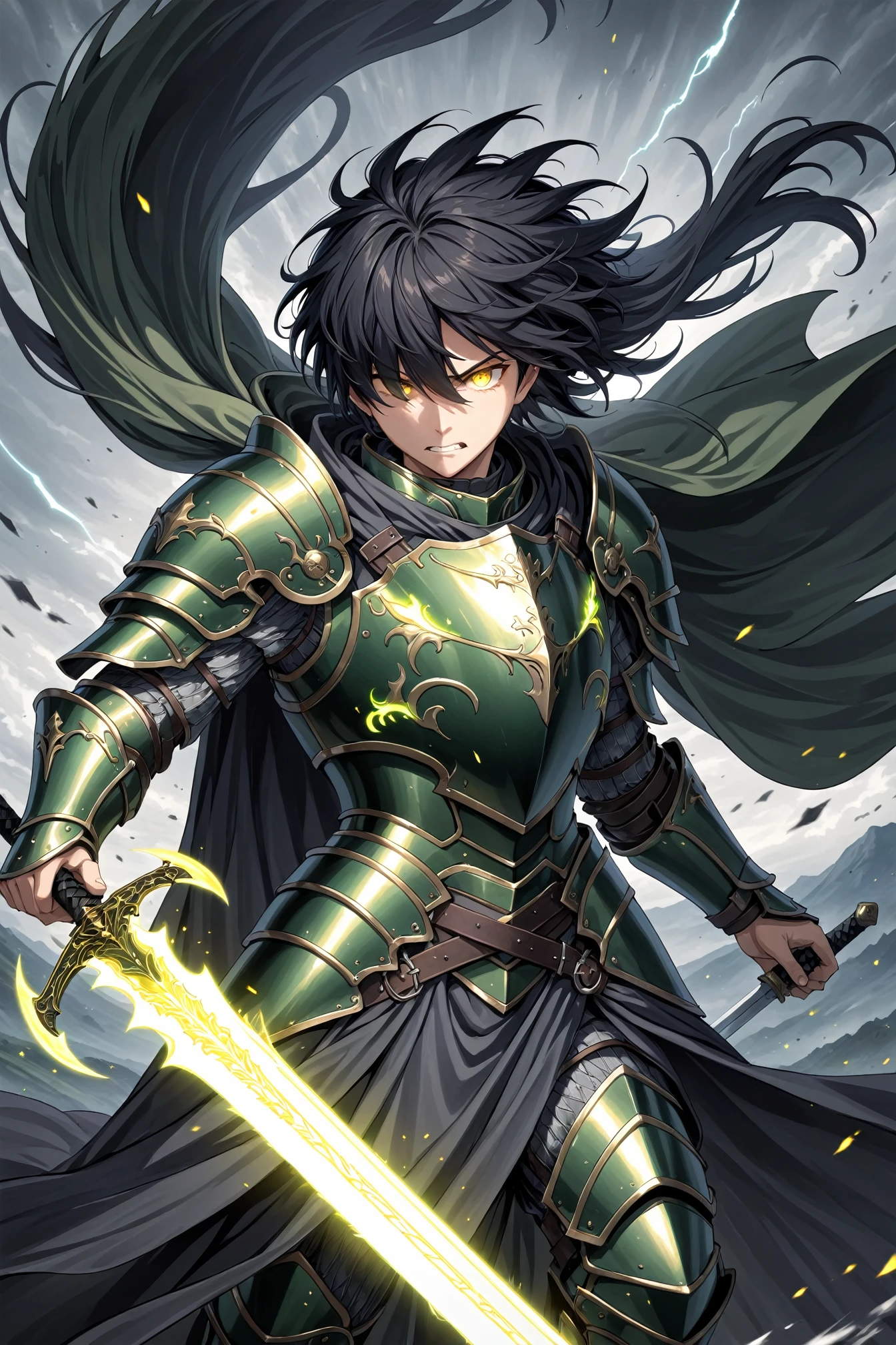 anime, 1other, solo, armor, black hair, breastplate, faulds, floating hair, glowing, glowing sword, glowing weapon, green armor, hair over eyes, pauldrons, shoulder armor, sword, teeth, weapon, wind, wind lift, yellow eyes, cloak, masterpiece, best quality