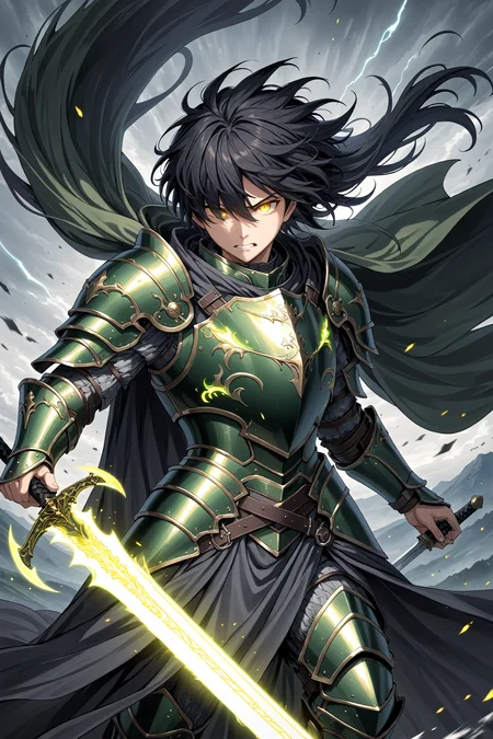 anime, 1other, solo, armor, black hair, breastplate, faulds, floating hair, glowing, glowing sword, glowing weapon, green armor, hair over eyes, pauldrons, shoulder armor, sword, teeth, weapon, wind, wind lift, yellow eyes, cloak, masterpiece, best quality