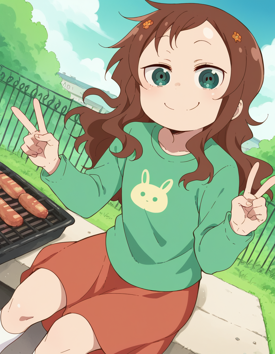 score_9, score_8_up, score_7_up, source_anime, <lora:riko-saikawa-s2-ponyxl-lora-nochekaiser:1>, riko saikawa, long hair, brown hair, green eyes, hair flower, hair ornament, flower,, skirt, shirt, long sleeves, red skirt, white socks, green shirt,, backyard, barbecue, grilling, laughter, summer evening, smile, looking at viewer, v, v over mouth, smug,, solo,, dutch angle,