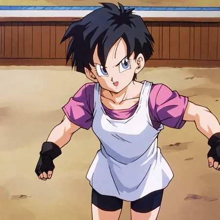 <lora:videl_pony_v1:.75>VidelShortHair, black hair, 1girl, blue eyes, fingerless gloves, short hair, white shirt, black gloves, bike shorts, collarbone, cowboy shot