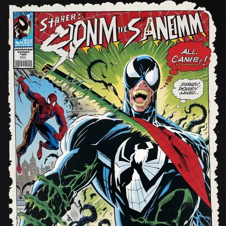 katana, thought bubble, venom, weapon, spiked bracelet, beard, necktie, dark horse comic, green skin, peter parker, breasts, domino mask, teeth, monster, Classic comics from the 90s