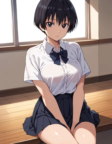 score_9, score_8_up, score_7_up, source_anime, anime screencap, anime coloring, masterpiece, best quality, uncensored, 1girl, solo, (cowboy shot:1.2), satomi manabe, short hair, large breasts, black eyes, black hair, school uniform, shirt, white shirt, short sleeves, black skirt, pleated skirt, <lora:Manabe Satomi_Hajirai Body_Pony:0.9>, sitting, legs together, narrowed eyes, expressionless, looking at viewer, cute face, shiny body, shiny skin, (skindentation:1.2), clear skin, shiny hair, ultra detailed eyes, depth of field, sharp, (intricate details, hyperdetailed:1.15)