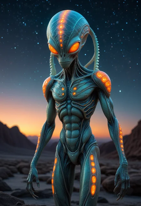 (medium full shot) of (celestial alien) with radiant white veined skin, bioluminescent patterns, serpentine body , short stubby antennae, slitted orange eyes, segmented antennae, tentacles, hovering crystals, set in a mystical alien planet, with shimmering landscapes, bioluminescent features, an enchanting aura, at twilight, Masterpiece,best quality, photo, realistic, very aesthetic, detailed face,
