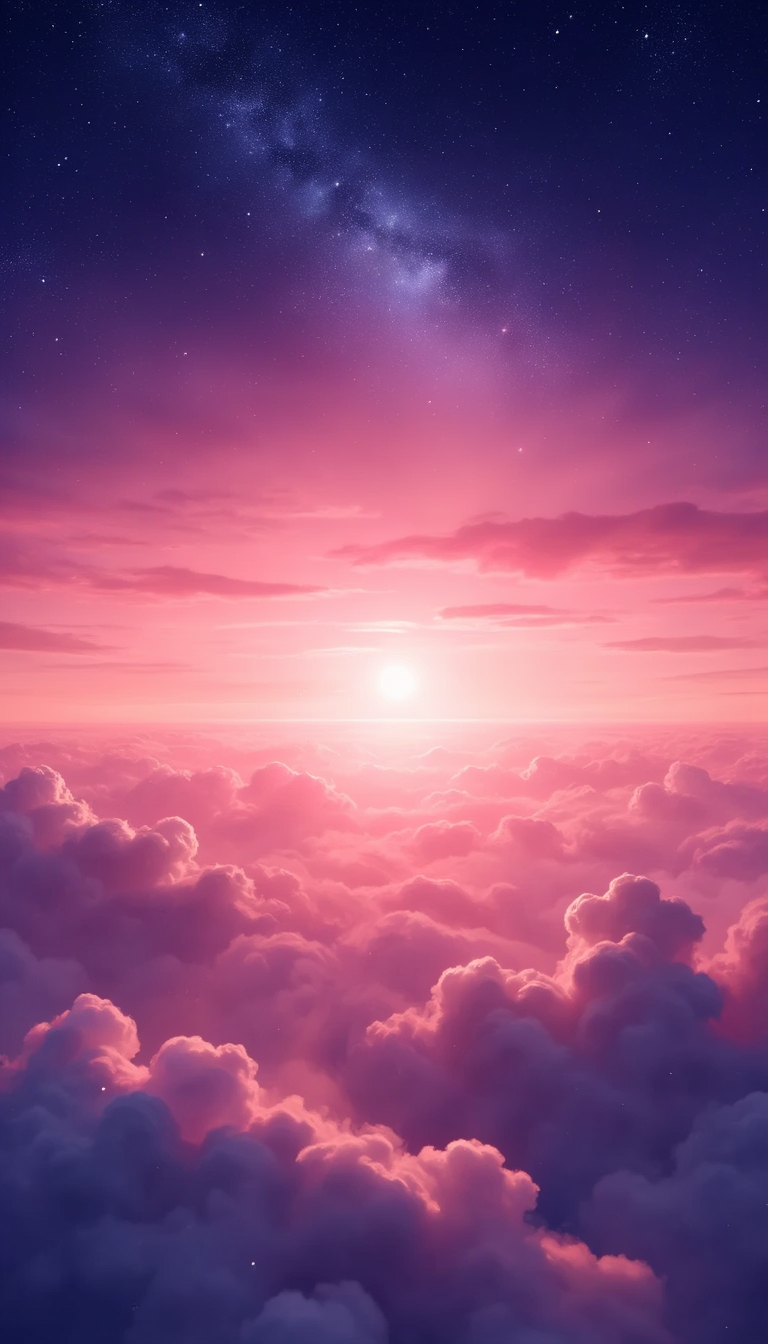 The sky is full of stars, the sun has just rises over the horizon and casts long shadows on clouds in anime style. There's an ethereal light that shines from above, creating beautiful curves between distant planets. The background color blends pink purple red orange tones, adding romantic atmosphere to the picture. This scene creates a dreamy feeling as if one can feel its beauty.