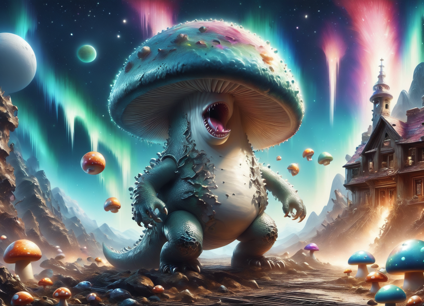 DonM5hr00mKn1gh7XL solo, shroom guy,bard , space station, fossil,aurora,building facade <lora:DonM5hr00mKn1gh7XL-pony:1>