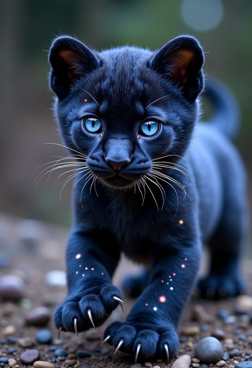 Imagine a pet that is a small panther cub infused with the cosmos. Its fur is a deep, velvety black, but as it moves, its coat shimmers with swirling galaxies, constellations, and distant stars. The creature’s eyes glow like twin moons, shifting between silver and deep purple, and its claws leave faint traces of stardust wherever it walks. Its body moves with feline grace, but when it runs, it appears to phase in and out of reality, leaving behind trails of nebula-like mist. The creature is both mysterious and majestic, a loyal companion to any star-gazing mage.