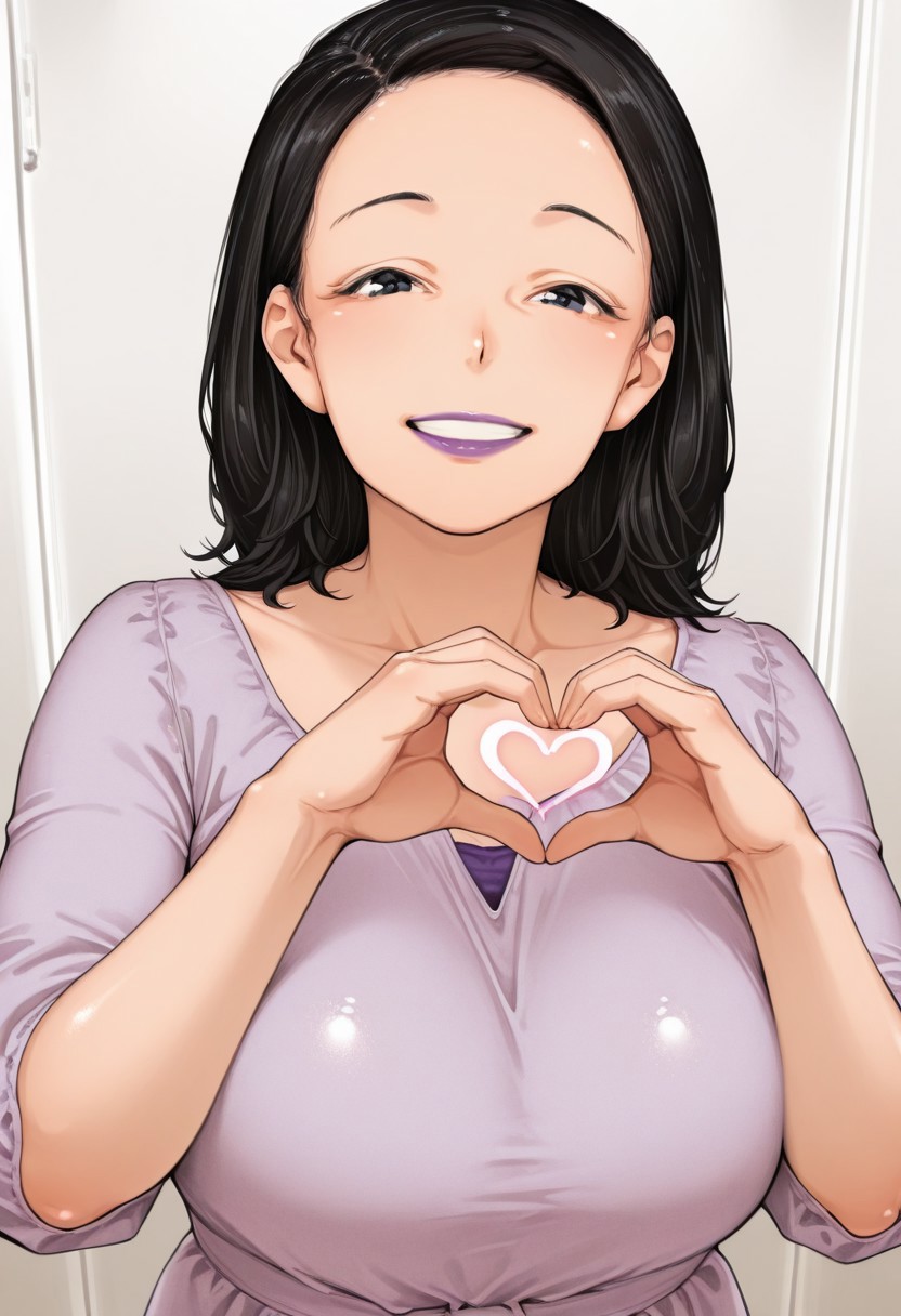 kakyubushi, 1girl, solo, medium build, medium hair, sfw, safe for work, covered skin, flowy dress,  black eyes, purple lipgloss, smiling, portrait, upper body, heart hands, mature female, foreshortening, detailed, newest, shiny skin, cowboy angle, solo focus,