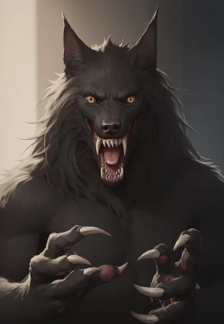 score 9, score 8, score 7, score 6, 1boy, furry male, solo, black fur, animal ears, yellow eyes, sharp teeth, claws,