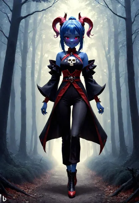 dark brown pants, highres,best quality,ponytail, full body,short height,happy,(purple eyes),photograph,realistic lighting,cute face,1girl,red tips on hair,red skin, fantasy world,in the forest, warlock,demon horns,skull logo, DonMD3m0nXL,blue skin:1.4, yellow eyes, anime style,blue flame,flames around hands,fantasy adventure outfit,fighting stance,devil tail:1.3,fantasy pants