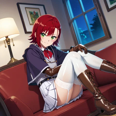 masterpiece, best quality, score_9, score_8_up, score_7_up, full body, 1 girl, looking at viewer, cowboy shot, dutch angle, indoors, sitting on couch, living room, night, blush, smile, amyu, green eyes, red hair, short hair, latex school uniform, garter straps, pleated latex skirt, white latex thighhighs, latex thighhighs, brown latex boots, flat boots, brown latex gloves