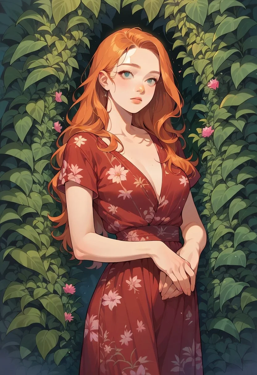 <lora:gr33nXLP:1> gr33n, solo, 1girl, long hair, plant, flower, ginger hair, score_9, score_8_up, score_7_up, score_6_up, vines, curvy, Floral, Floral pattern, Plunging gown, gown, short sleeve,