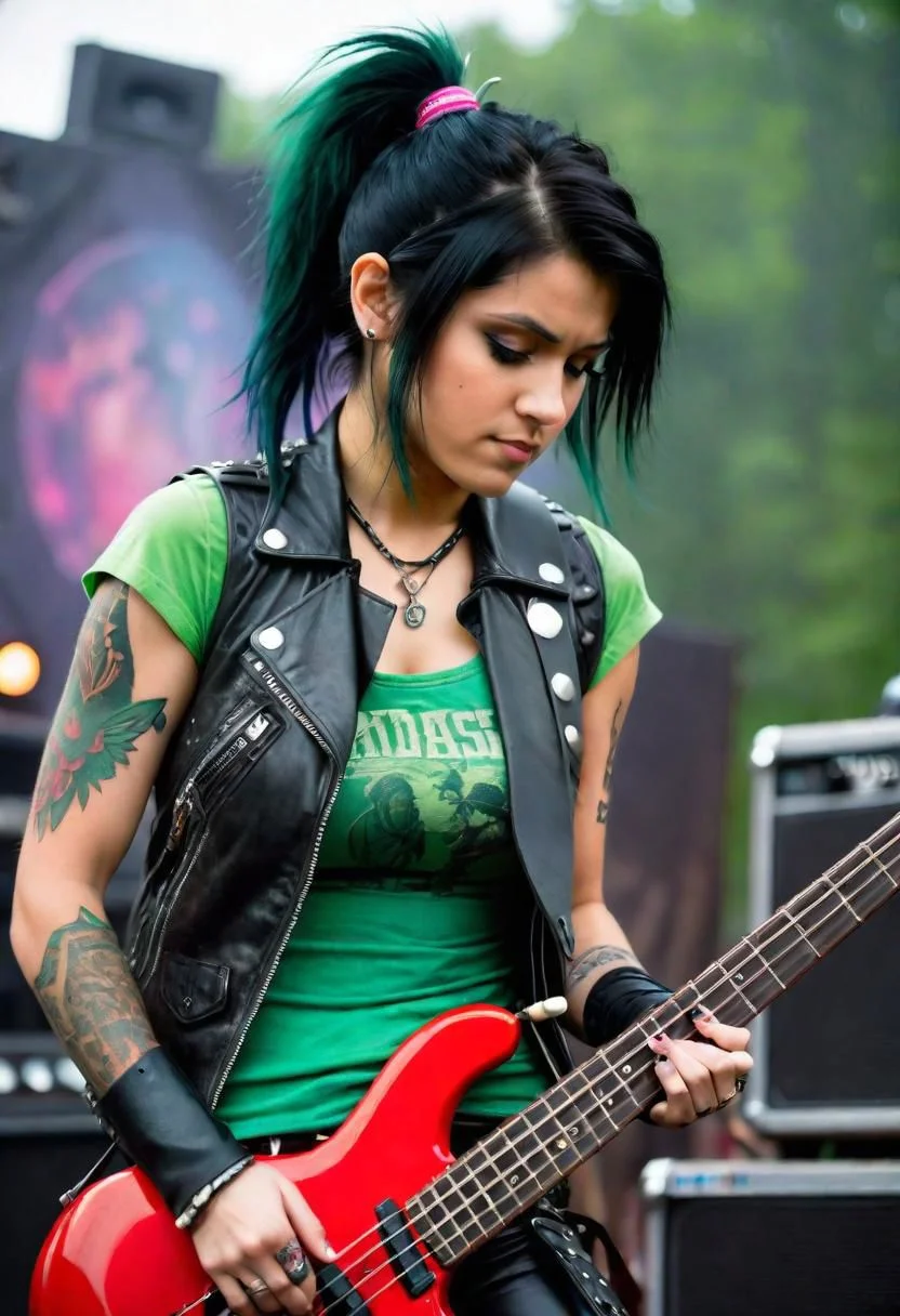 amateur poorly lit color cast poorly composed photo in phst artstyle with bad contrast natural lighting photo (20-year-old) Vanellope (Wreck-It Ralph, (straight black hair), tattoos all over arms, ponytail, green t-shirt, leather vest, vambraces, Judas Priest aesthetic, playing bass-guitar for a heavy-metal band at an open air music festival, mischievous smirk