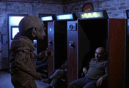 an image where Nukie the knockoff alien is in a seedy adult video store, eying up a homeless man passed out in the corner of the private viewing booths in the dingy arcade room.
