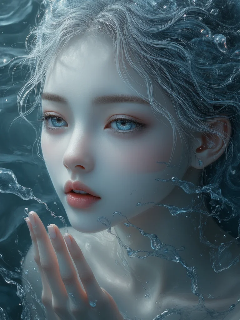 Psychedelic dreams,Psychedelic dreams,1girl,big bright eyes,white hair,realistic,in water,HD 8K,