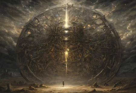 a painting that captures the essence of a poem: 
(Fields where machine souls rust under the light of a dying star, 
Veni, vidi, vici; 
When heaviest is the crown of the deus ex machina, none dare come out to play; 
Use caution when dealing with the fallible tenets of aegis' rimwalkers; 
Cyborg religious sects pried loose with the coming of the new dawn; 
I offer this advice in earnest, for soon we shall see many a truth uncovered; 
What happens in the dark is destined to come to light, now and forever more...), detailxl,
