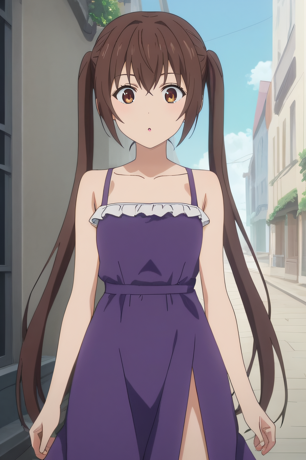 score_9, score_8_up, score_7_up, source_anime, rating_safe, intricate details, anime screencap, official style, 1girl, <lora:Minami_Kana:1>, kana, brown eyes, brown hair, long twintails, purple dress, white frills, bare shoulders, collarbone, thighs, looking at viewer, standing, outdoor, cowboy shot, surprised