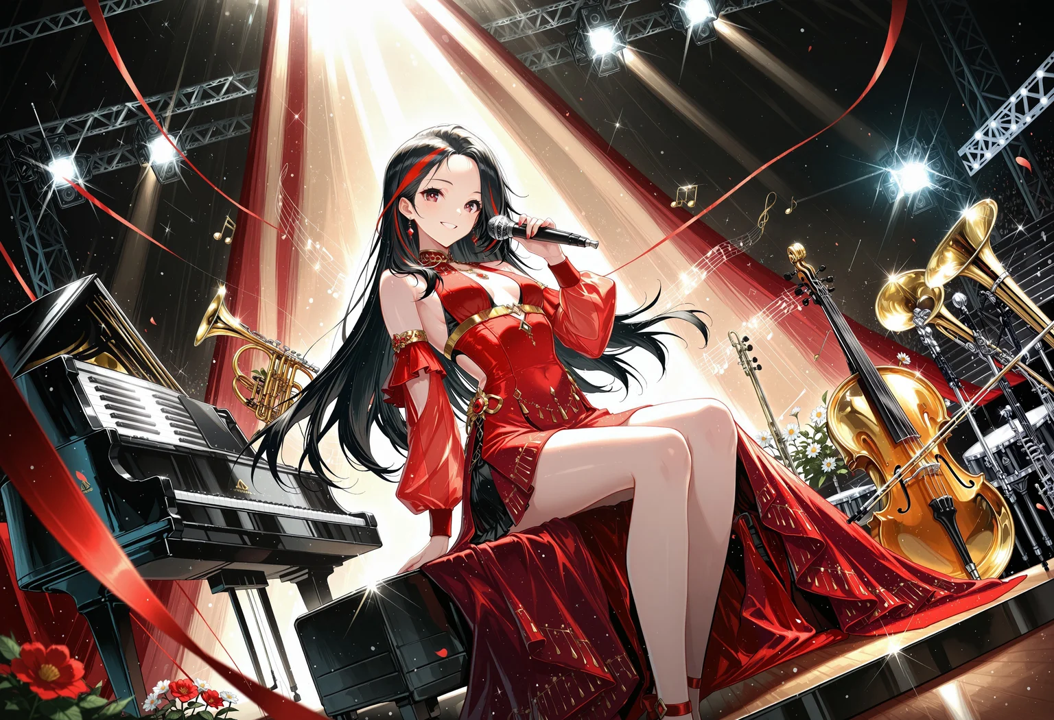 1rregular_b0, hyperdetailed_bg, (su22eal_bg:1.3, full_bg:1.3), character focus, (vintage, modern, messyroom), stage, piano, gold instrument, ((floating instrument, violin, trombone, cello)), music sheet, gold-music notes, floodlights, spotlight, flower, hangingribbons, glittering, lens fare, (modernstyle:1.2), (detailed background),
(1girl, sitting, holding microphone, dynamic pose, looking at viewer), (official alternate costume), ((great anatomy, correct anatomy, akariL, wide forehead, black hair, long hair, red_streaked_hair, greenish_grey_pupils, red_iris, small breasts)),
dynamic angle,
((masterpiece, absurdres, newest, best quality, visual impact, very aesthetic, perfect quality, absolutely eye-catching)), 4K, detailed facial features, detailed clothing features, detailed texture,