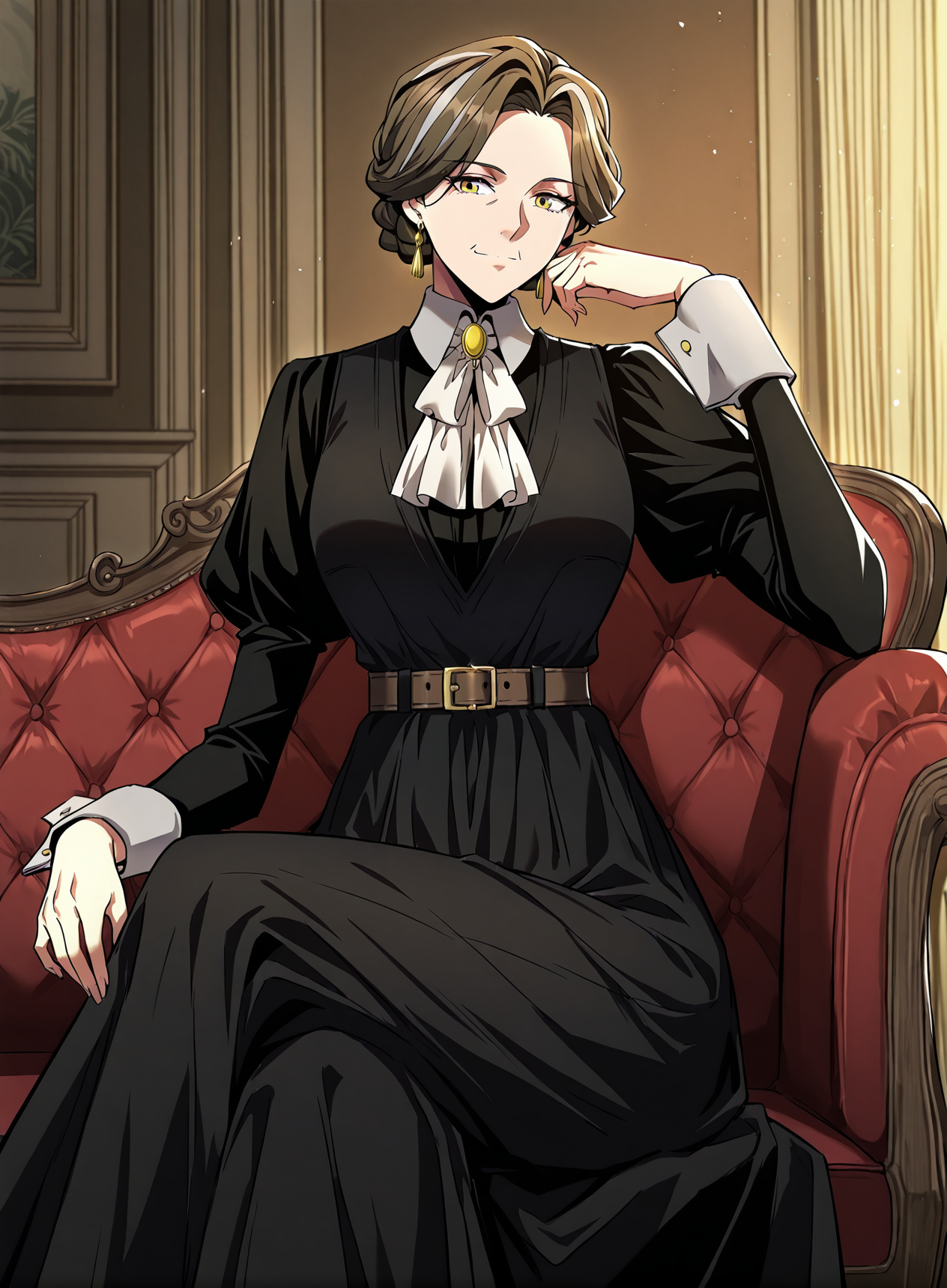 <lora:Wilbeck__The_Beginning_After_the_End__Illustrious:1>
Wilbeck, 1 girl, solo, mature woman, yellow eyes, brown medium hair, silver streaks, side-parted, braided updo,
black victorian dress, white cravat, wide cuffs, waist belt, gold earrings, formal outfit
(Anime_source),Masterpiece,(perfect female body:1.2), small waist,(incredibly detailed:1.4), slim, looking at viewer, sitting, crossed legs,