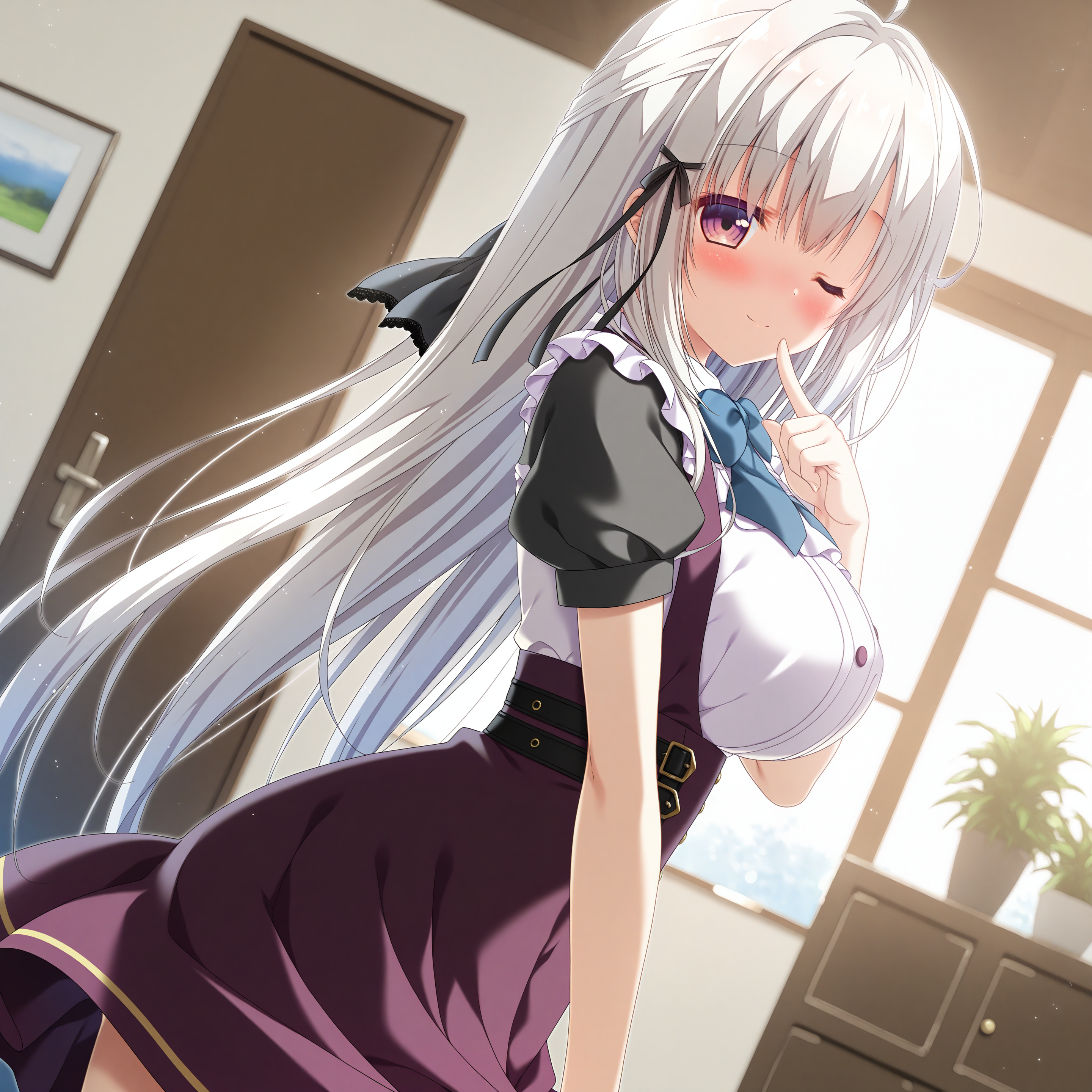 <lora:Mihama_Inori_1_nai-000043:1>,Mihama Inori,white hair,
hair ribbon,black ribbon,hair bow,black bow,maid,blue bowtie,high-waist skirt,white shirt,puffy short sleeves,purple skirt,suspender skirt,frills,black belt,
BREAK
1girl,solo,one eye closed,looking at viewer,indoors,skirt lift,smile,blush,living room,lens_flare,dutch angle,finger to mouth,from side,depth of field,