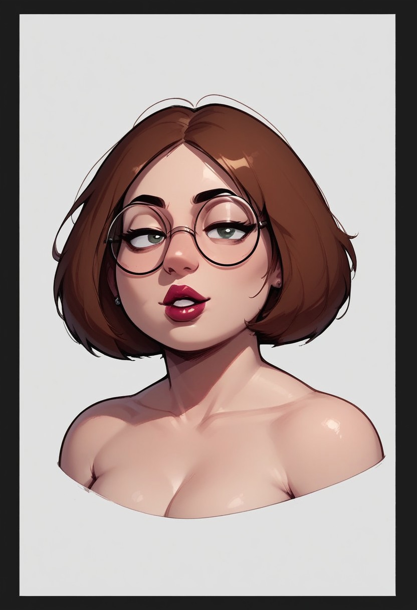 score_9, score_8_up, solo, Meg Griffin, brown hair, Black circle glasses, lipstick, nail polish,